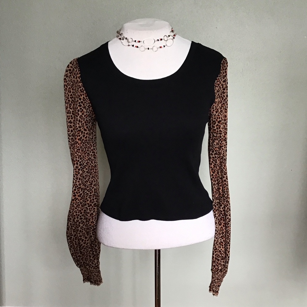 DKNY Cotton Blend Black Mixed Media Leopard Long Sleeves Cropped Knit Small